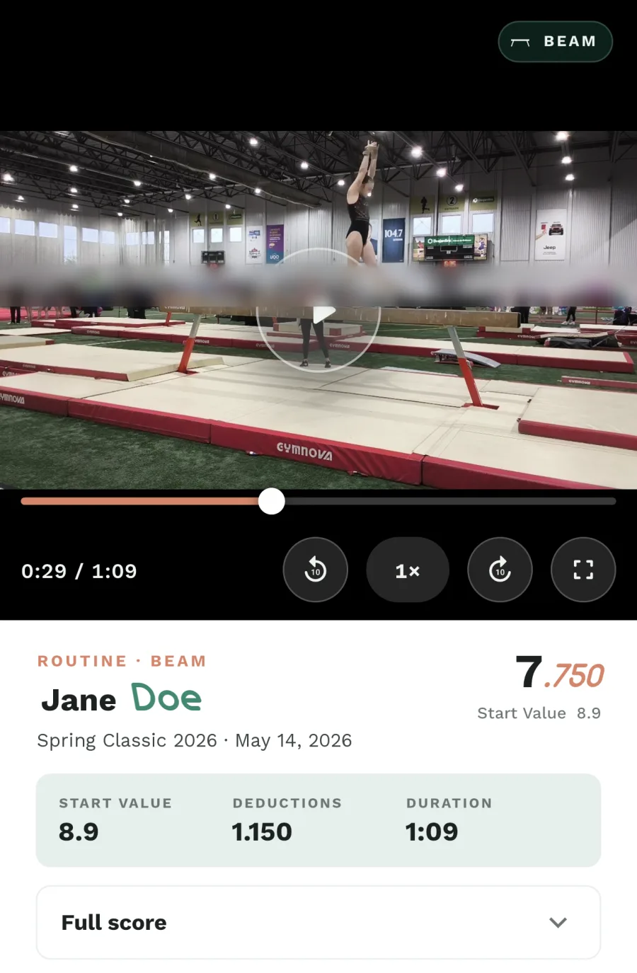 A routine playing back with its score in the Gym Art app