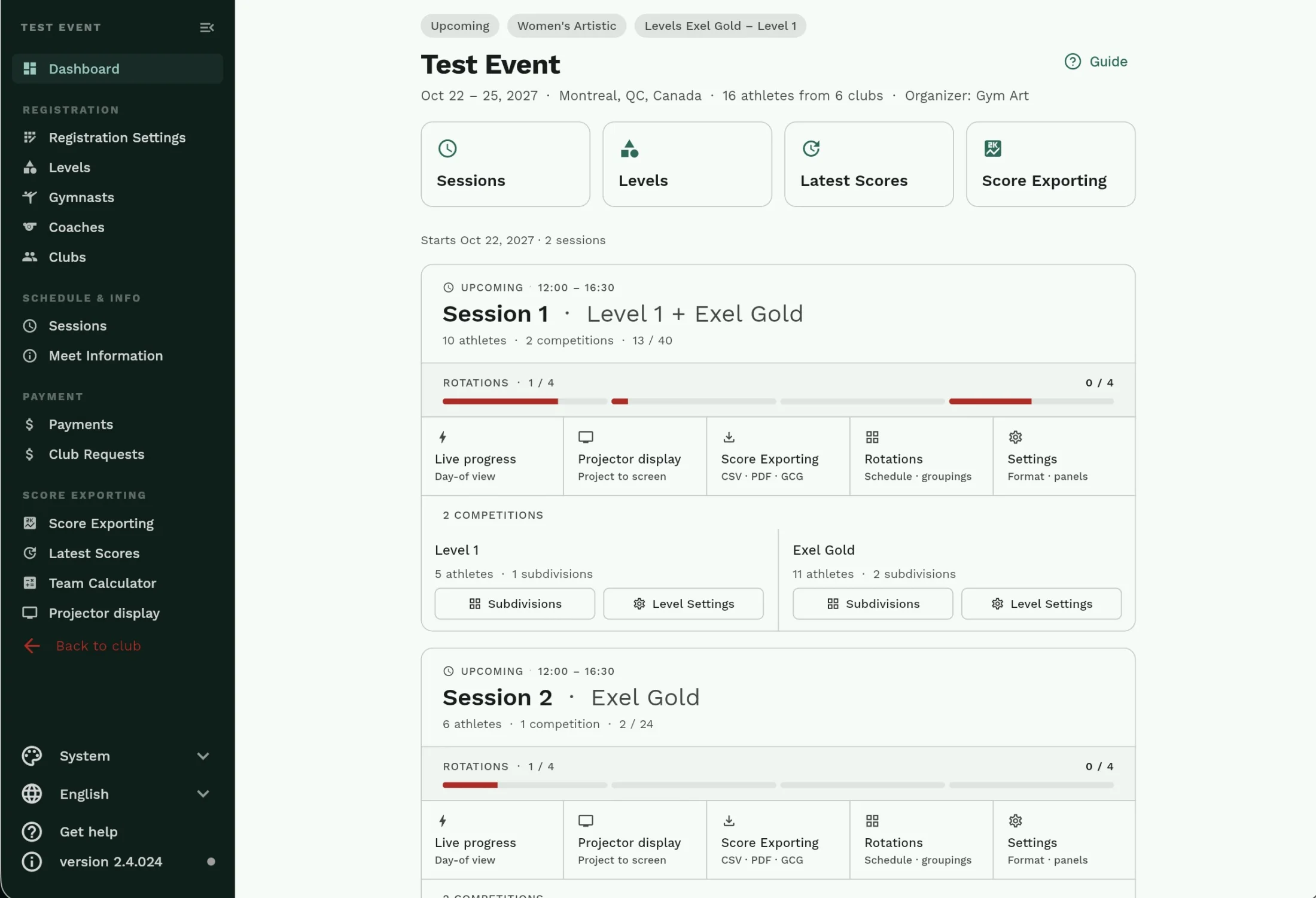 Gym Art meet dashboard with sessions and rotations